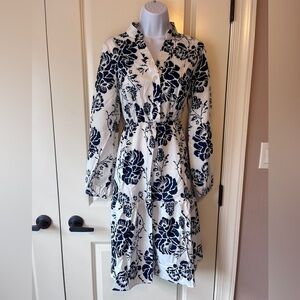 White and Navy Long Sleeve Dress size M